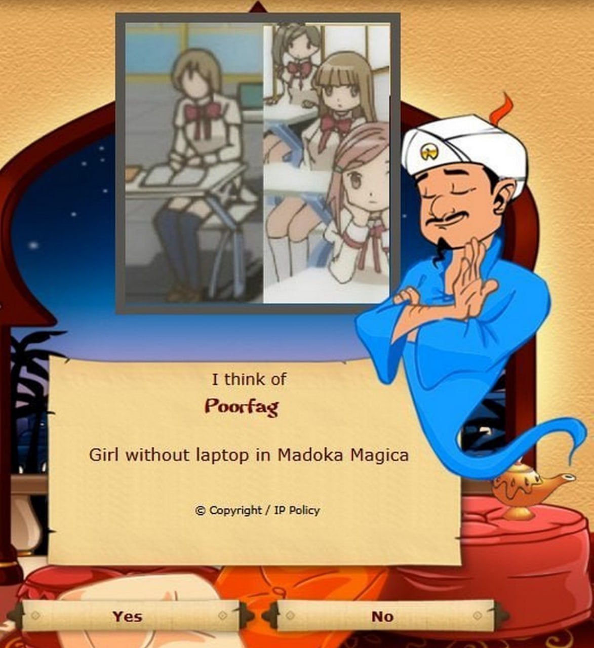 Poor fag girl without laptop Джинн Акинатор угадывает Poor fag, девочку без ноутбука из Madoka Magica.