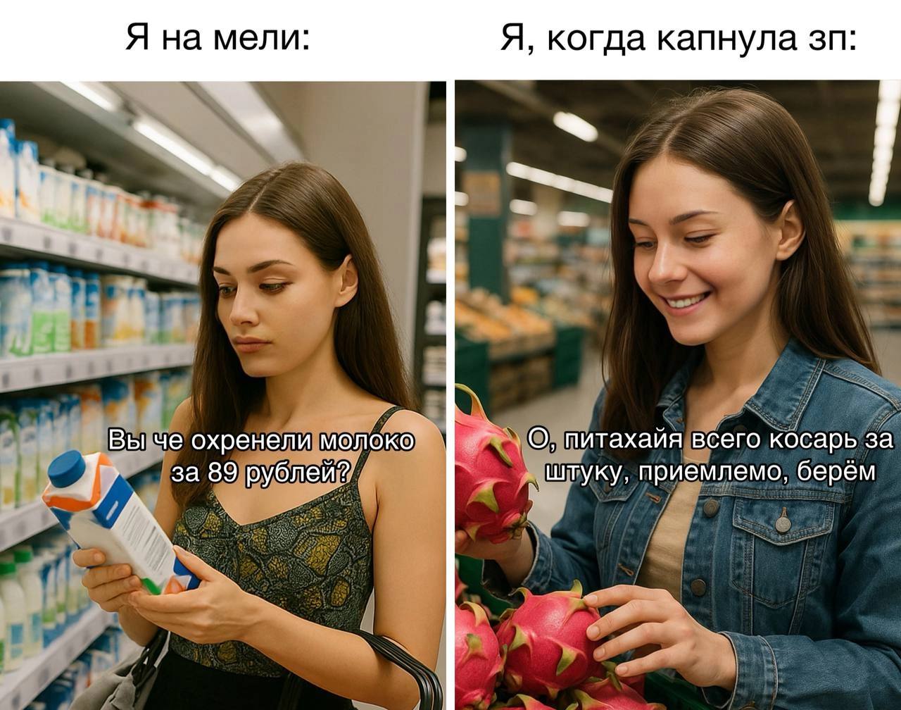 Бедная и богатая девушка с молоком и питахайей Мем с девушкой, сравнивающий покупательское поведение, когда нет денег, и когда пришла зарплата.