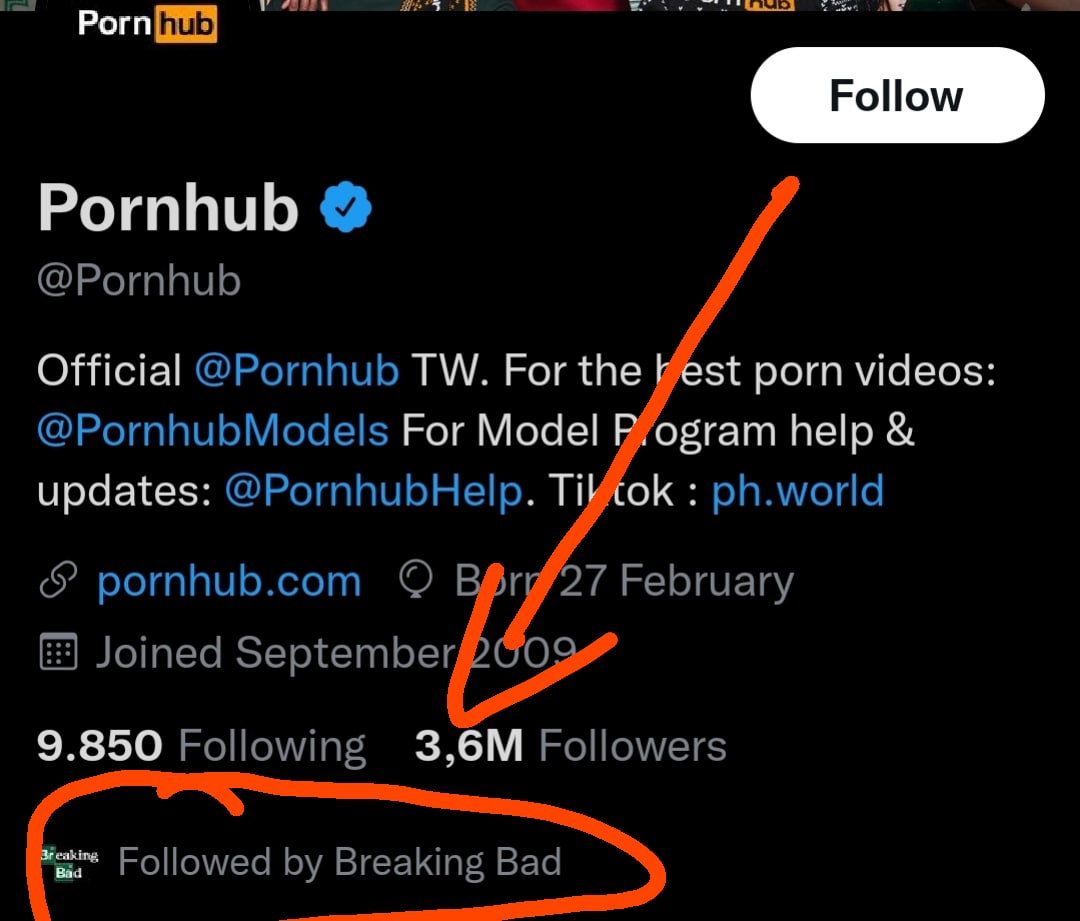 Pornhub подписан на Breaking Bad Скриншот профиля Pornhub в X, где виден текст «Подписано Breaking Bad».