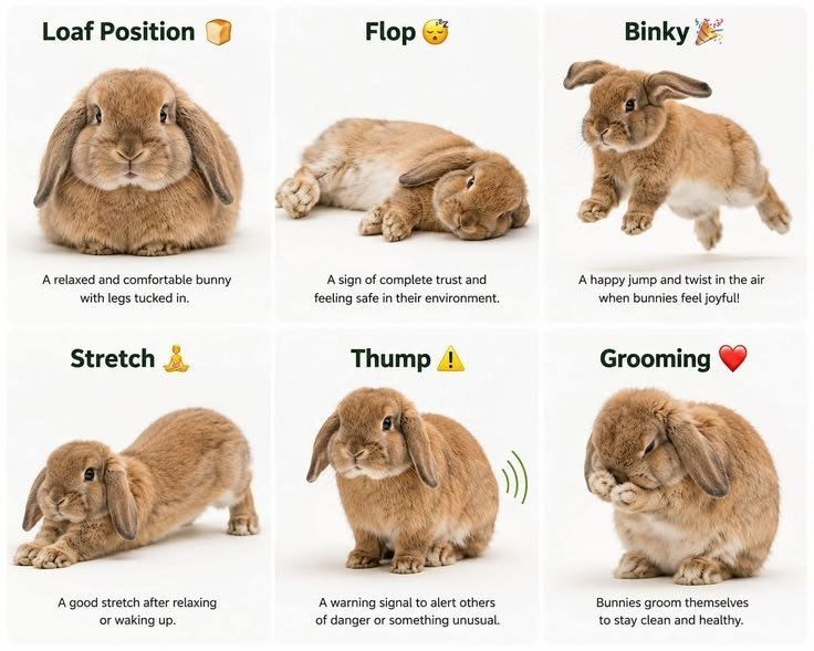 Инфографика с шестью позами кролика: loaf position, flop, binky, stretch, thump и grooming.