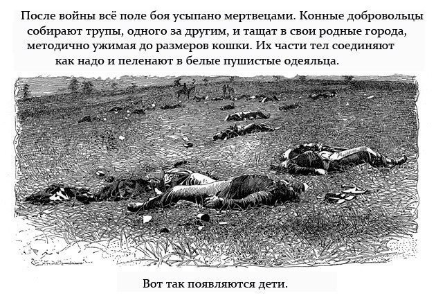 После войны всё поле боя усыпано мертвецами Мем с полем боя, усеянным мертвецами, и текстом про то, как после войны из трупов делают детей