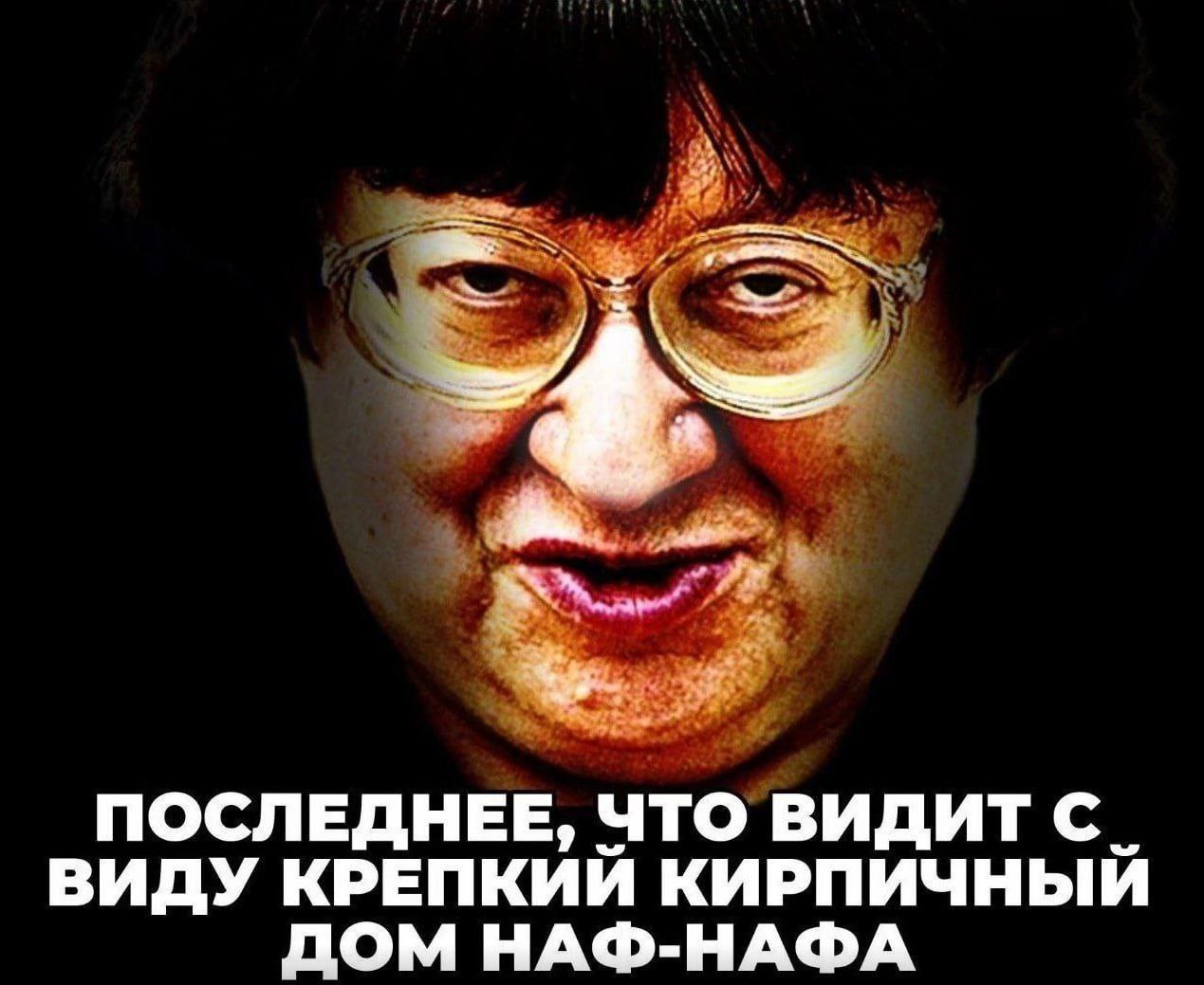 Последнее, что видит с. виду крепкий кирпичный дом Наф-Нафа Женщина с жуткой улыбкой и надписью: «Последнее, что видит с. виду крепкий кирпичный дом Наф-Нафа».