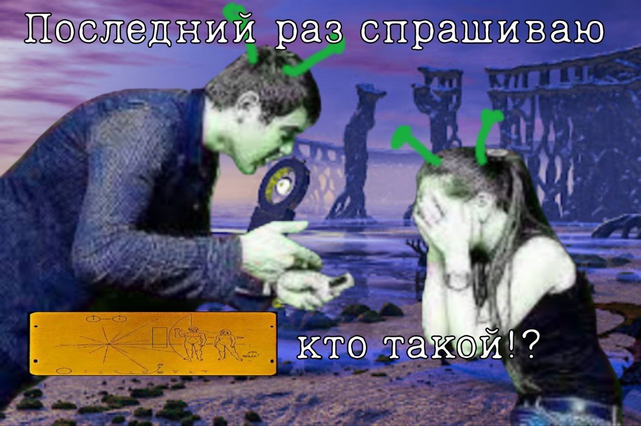 Последний раз спрашиваю кто такой Мем с инопланетянами, один из которых показывает табличку «Пионера» девушке и спрашивает, кто это такие