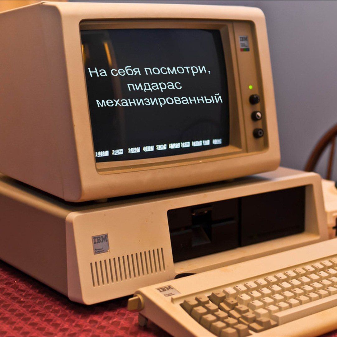 На себя посмотри, пидарас механизированный Старый компьютер IBM с текстом "На себя посмотри, пидарас механизированный" на экране