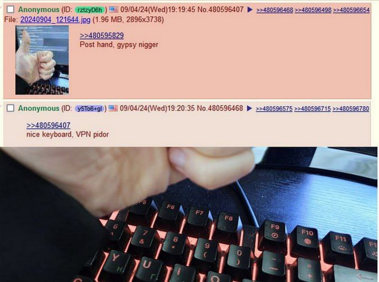 Post hand, gypsy nigger. Nice keyboard, VPN pidor Мем с имиджборда 4chan, где анонимусы постят фотографии рук и клавиатур, обмениваясь оскорблениями и комплиментами.