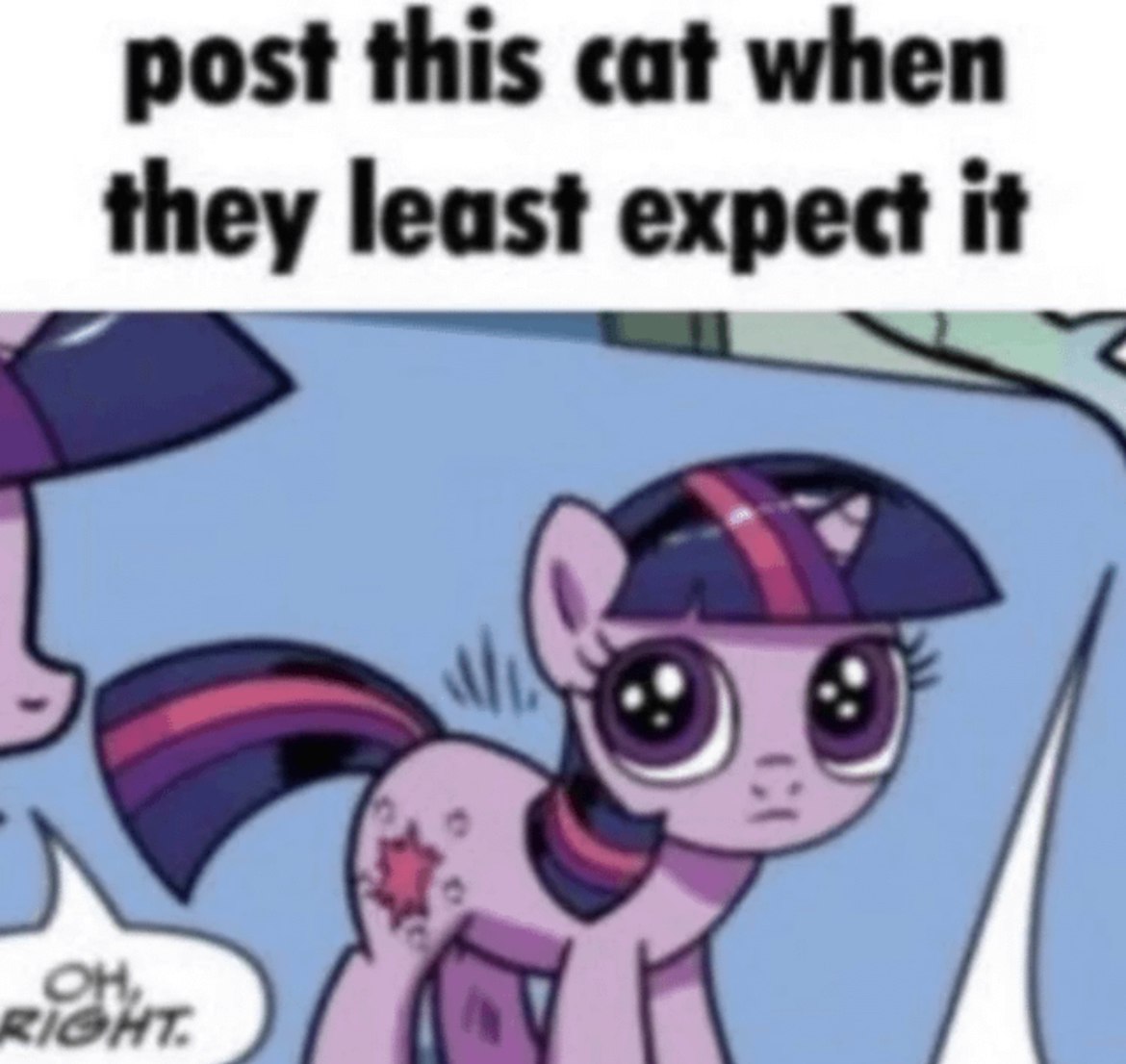 Фиолетовая пони с огромными глазами и подписью «Post this cat when they least expect it» — «Выложи эту кошку, когда они меньше всего этого ожидают».