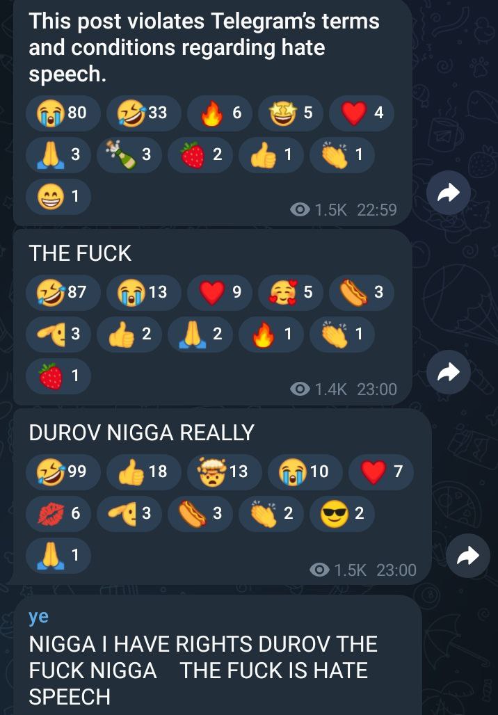 Пост нарушает условия Telegram Скриншот из Telegram, где пользователи реагируют на удаление поста из-за "разжигания ненависти".