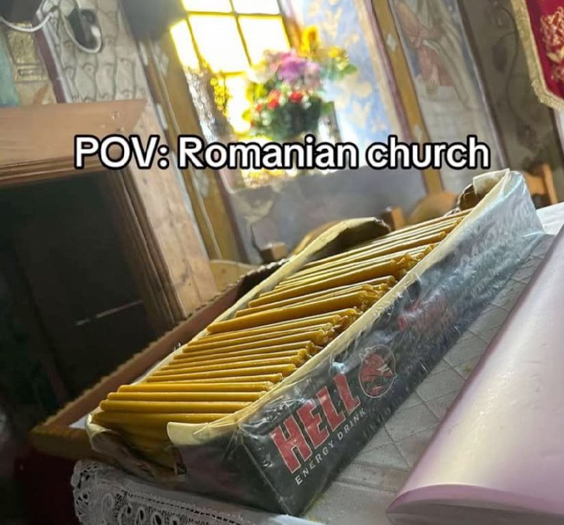 POV: Romanian church Свечи в коробке из-под "Hell Energy Drink" в румынской церкви