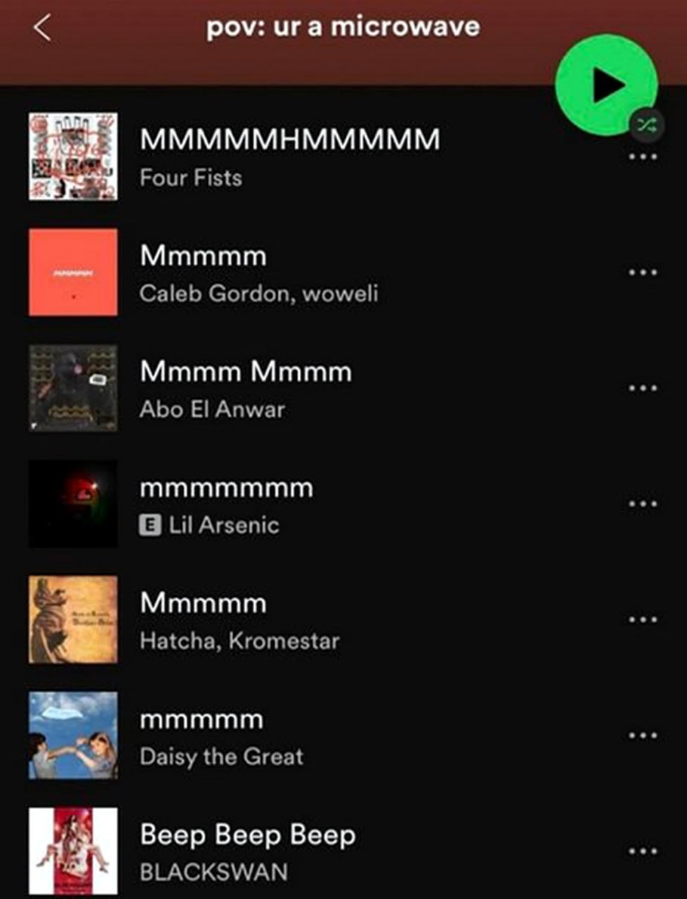Pov ur a microwave Скриншот плейлиста Spotify, который показывает, что увидит пользователь, если он микроволновка. В плейлисте собраны песни, названия которых имитируют звуки, издаваемые микроволновкой, такие как "Mmmmmmhmmmmmm" и "Beep Beep Beep".