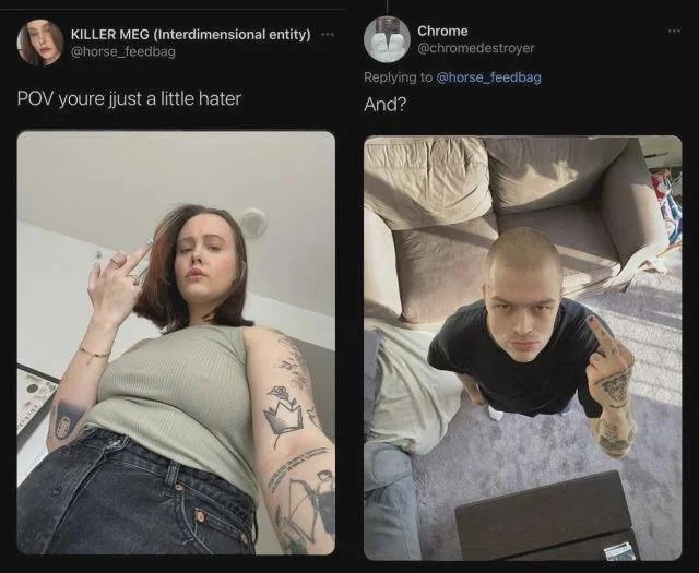 Девушка пишет «POV youre just a little hater», а мужчина отвечает «And?» — «И что?»