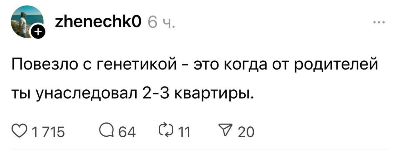 Повезло с генетикой - это когда от родителей ты унаследовал 2-3 квартиры Мем с текстом 'Повезло с генетикой - это когда от родителей ты унаследовал 2-3 квартиры', высмеивающий финансовое положение