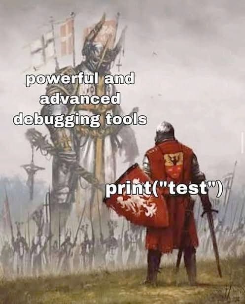Powerful and advanced debugging tools vs print("test") Мем с рыцарем и гигантом, где рыцарь со щитом "print("test")" стоит против "мощных и продвинутых инструментов отладки".