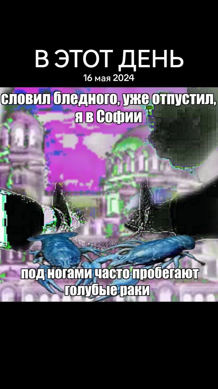 Поймал бледного, уже отпустил, я в Софии Мем "Поймал бледного, уже отпустил, я в Софии" с синими раками на фоне здания.