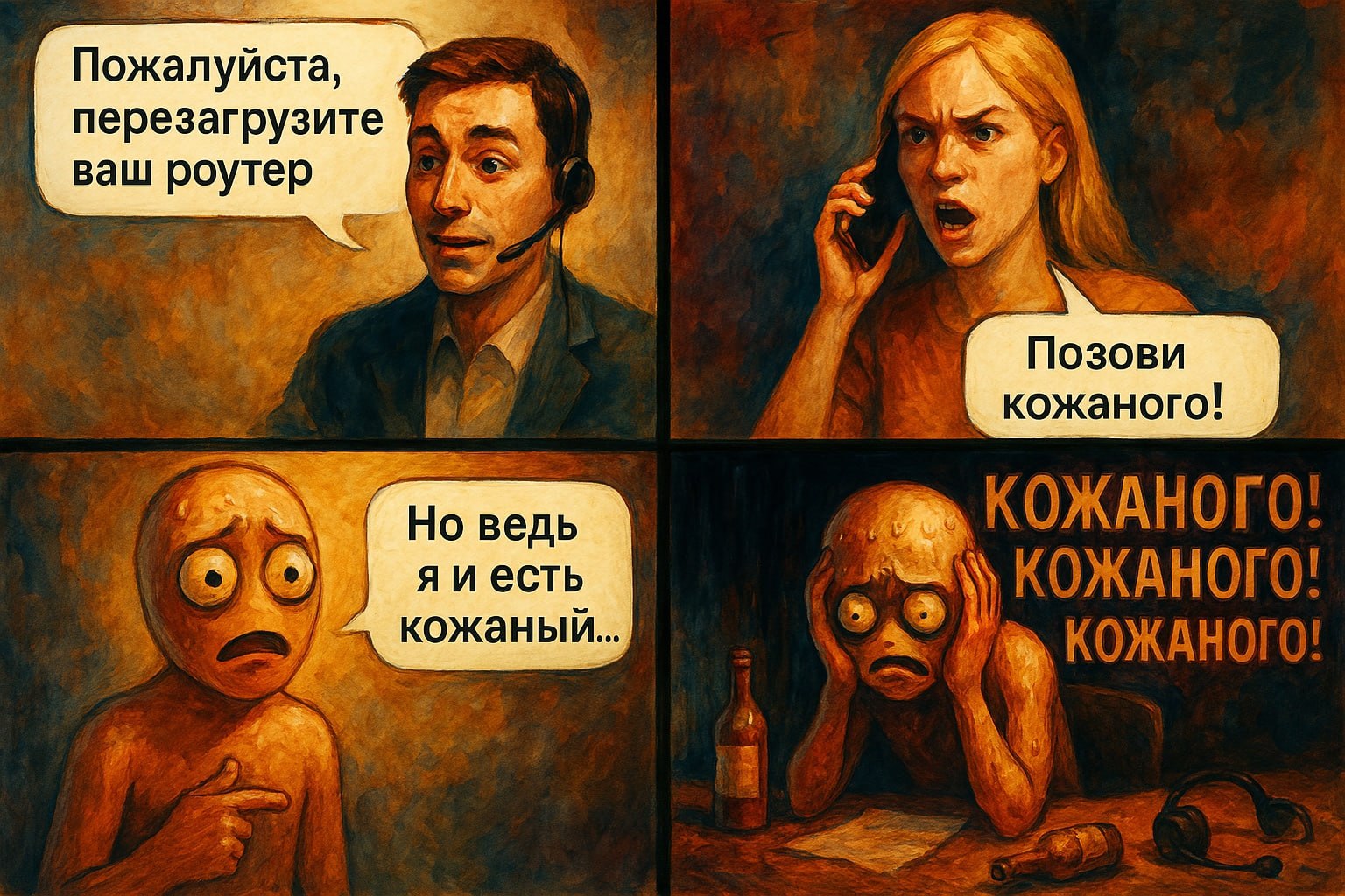 Позови кожаного Мем про звонок в техподдержку, где женщина требует "кожаного" специалиста, а сотрудник техподдержки удивляется, ведь он сам человек.