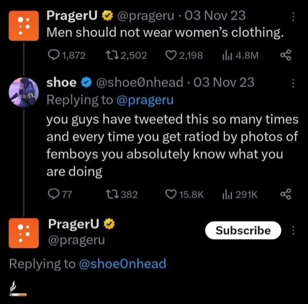 PragerU и сигарета PragerU отвечает на комментарий Shoe0nhead, публикуя изображение сигареты