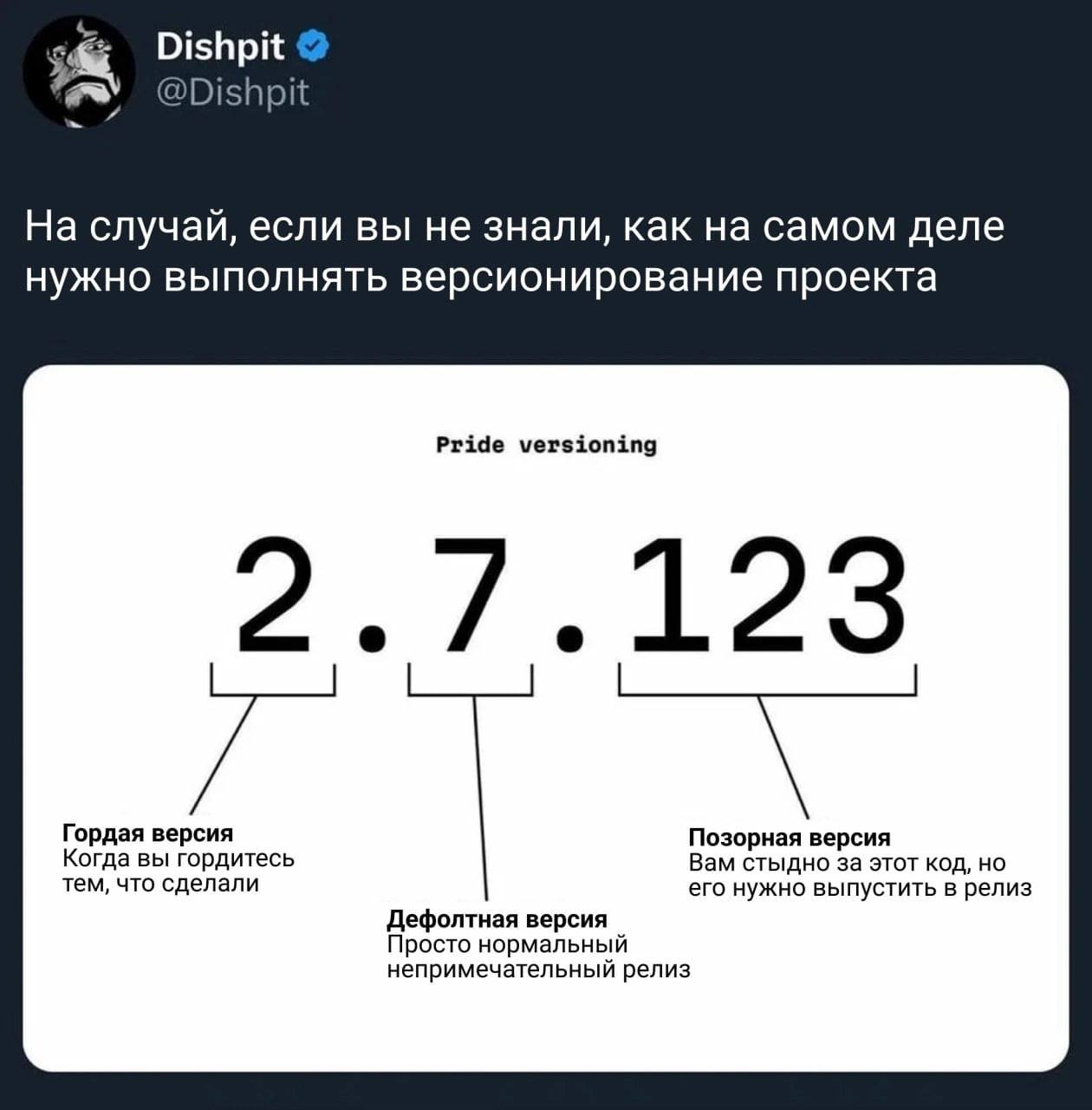 Правильное версионирование проекта Мем о правильном версионировании проекта в программировании, где каждый номер версии что-то значит