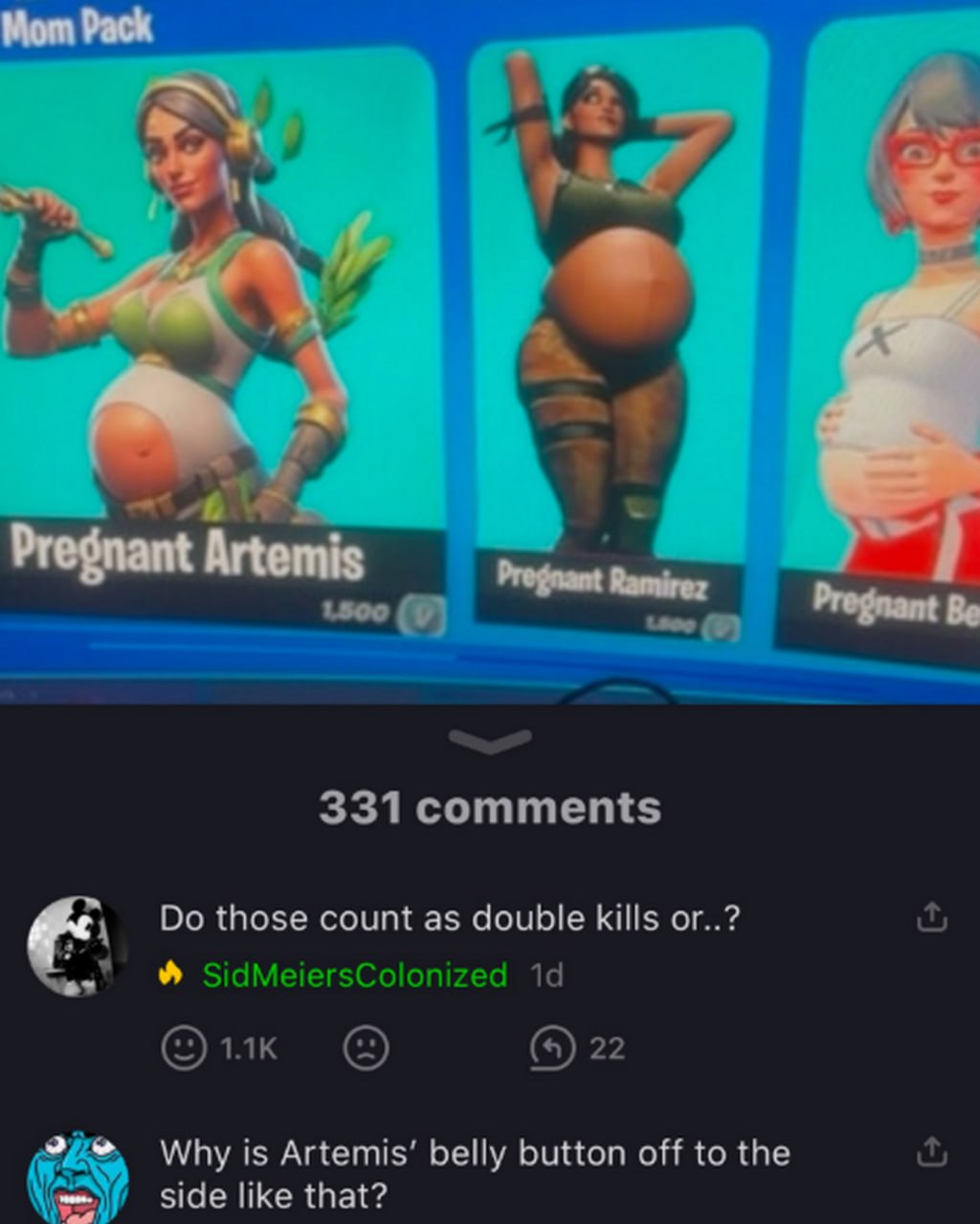 Беременные скины в Fortnite Скриншот с беременными скинами Артемиды, Рамиреc и Би в Fortnite, вызвавший оживленные дискуссии в комментариях
