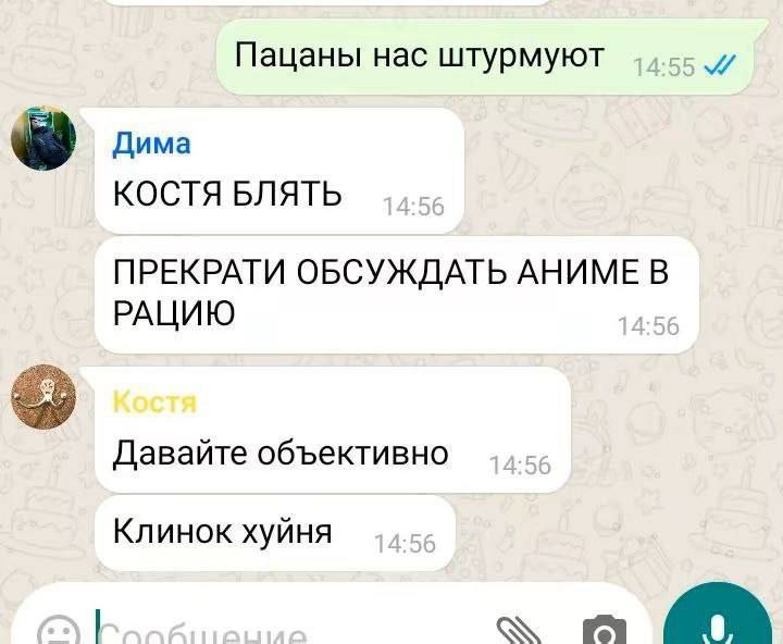 Прекрати обсуждать аниме в рацию Переписка в мессенджере, где Дима просит Костю прекратить обсуждать аниме по рации во время штурма, а Костя отвечает, что «Клинок хуйня».