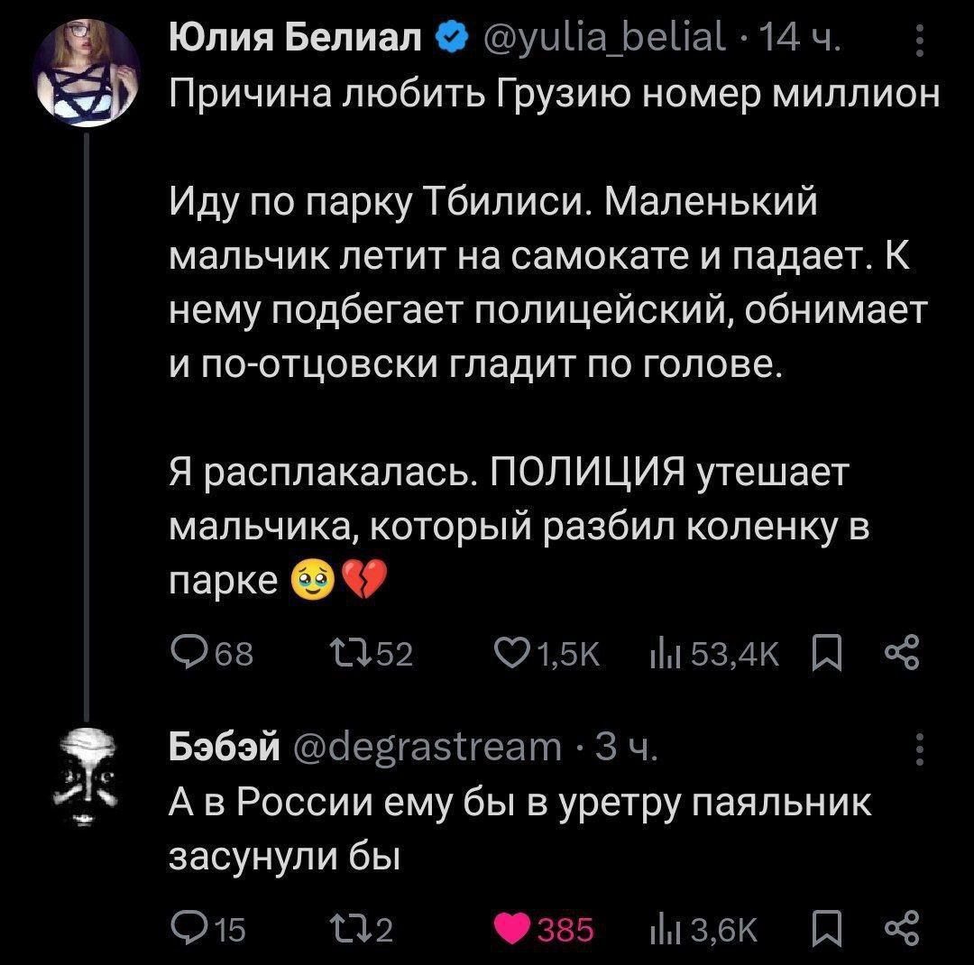 Причина любить Грузию номер миллион Твит Юлии Белиал про добрых грузинских полицейских и комментарий про Россию