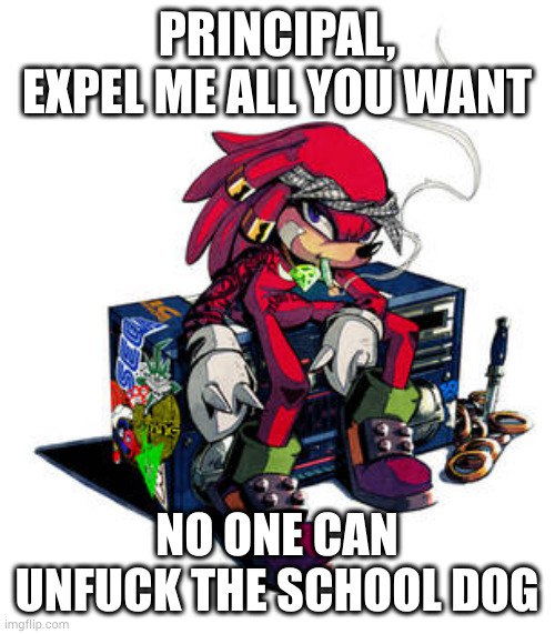 Principal, expel me all you want Мем с Наклзом-хулиганом, который курит и сидит на бумбоксе, произносящий фразу о школьной собаке.