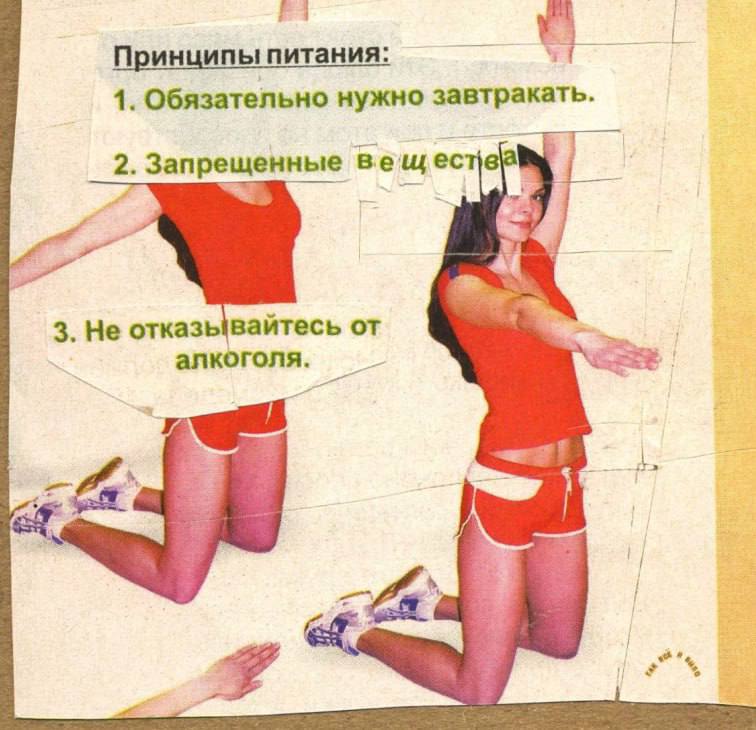 Принципы питания и запрещенные вещества Коллаж с принципами питания, включающими завтрак, запрещенные вещества и алкоголь