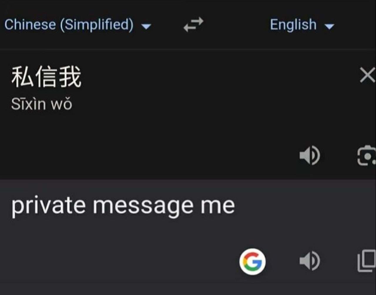 Private message me в Google Translate Мем с переводом фразы «私信我» (Sīxìn wǒ) как «private message me» в Google Translate.