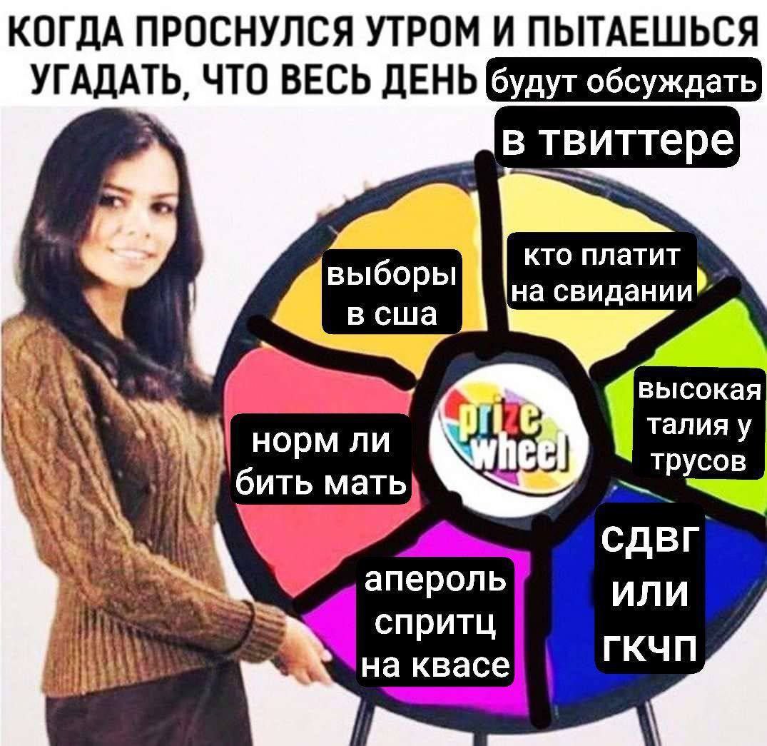 Когда проснулся утром и пытаешься угадать, что весь день будут обсуждать в Твиттере Девушка с колесом «Приз» и список возможных тем для обсуждения в Твиттере.