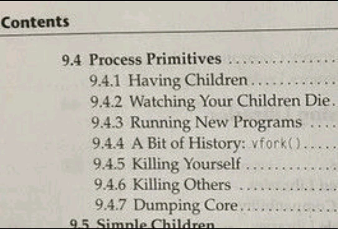 Забавное оглавление раздела Process Primitives с пунктами «Having Children», «Watching Your Children Die», «Killing Yourself» и «Killing Others».