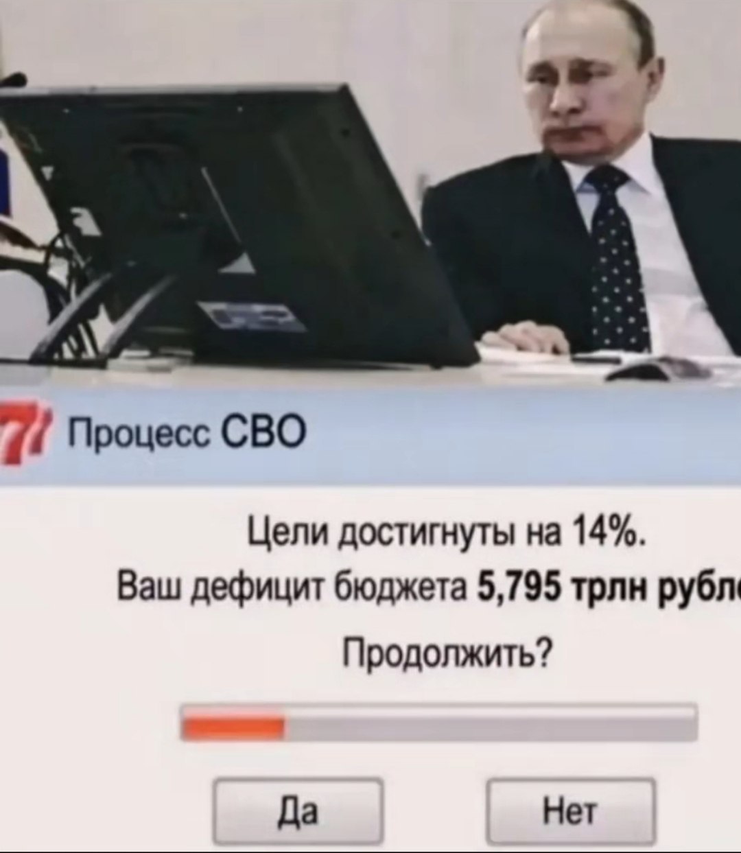 Путин смотрит на экран с шуточным индикатором процесса СВО: цели достигнуты на 14%, бюджетный дефицит — 5,795 трлн рублей. Продолжить?