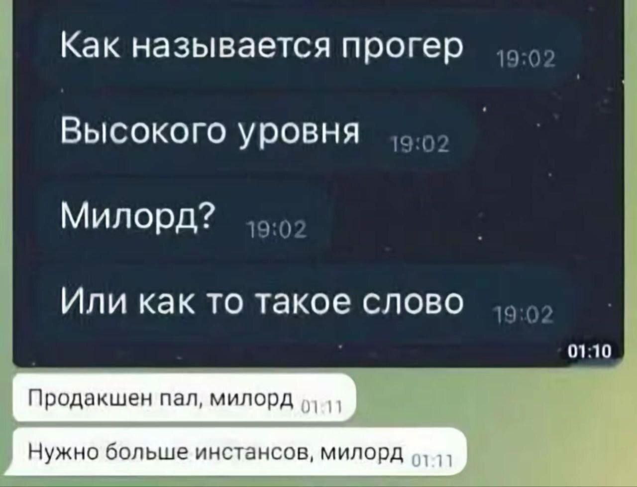 Продакшен пал, милорд Мем с перепиской, где один человек спрашивает, как называется высокоуровневый программист, на что ему отвечают «Продакшен пал, милорд» и «Нужно больше инстансов, милорд».