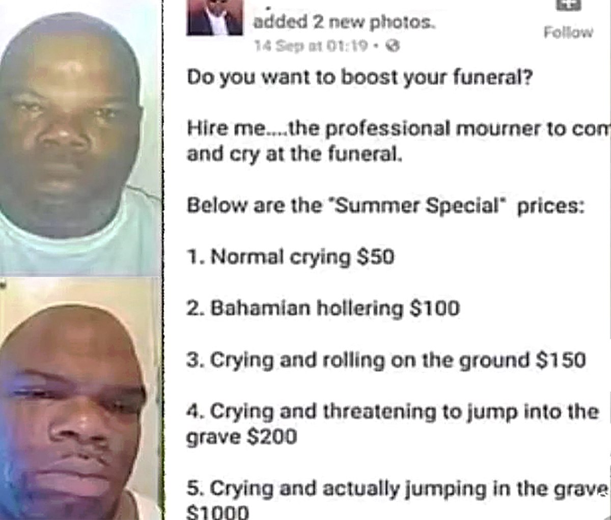 Professional mourner Мужчина предлагает услуги профессионального плакальщика на похоронах с разными тарифами