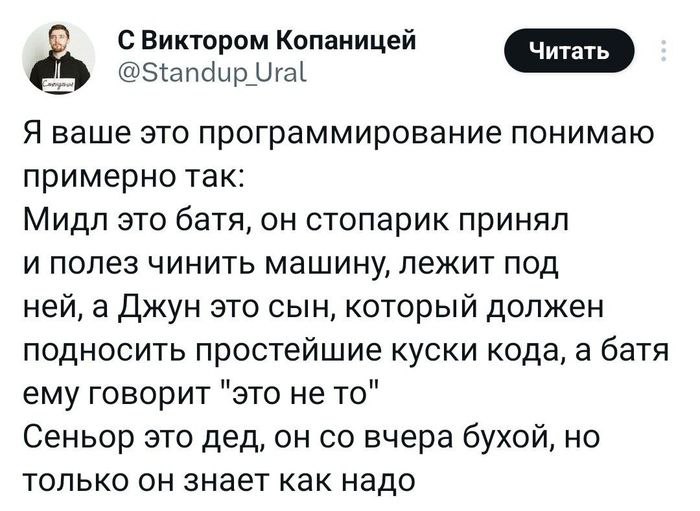 Программирование батя и дед Мем "Я ваше это программирование понимаю примерно так" из твиттера Виктора Копаницы, где роли в программировании сравниваются с батей, сыном и дедом, чинящими машину.