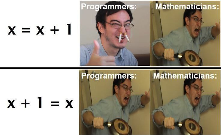 Программисты против математиков x = x + 1 Мем, где показано, как программисты и математики относятся к уравнениям x = x + 1 и x + 1 = x, с изображением Фрэнка
