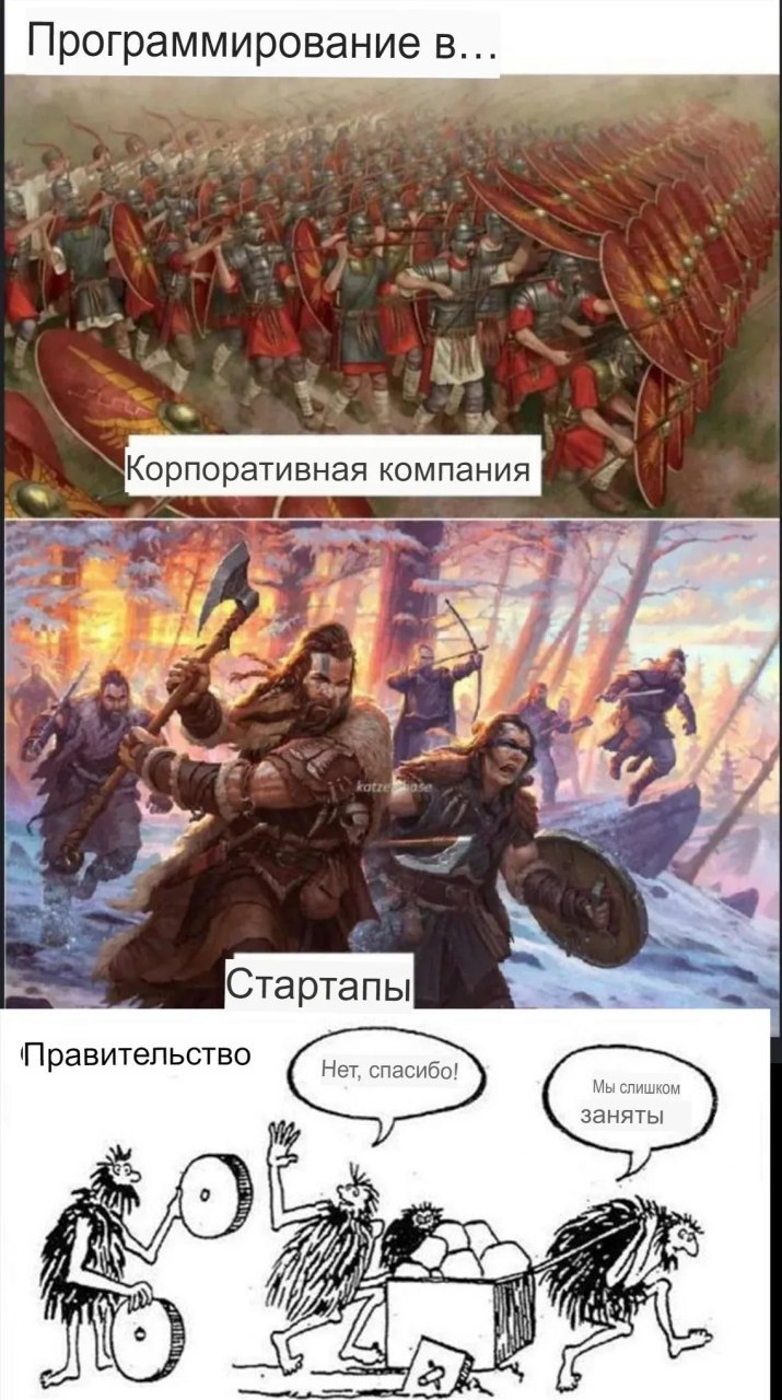 Программирование в корпоративной компании, стартапах, правительстве Мем о программировании в разных сферах: корпорациях, стартапах и правительстве