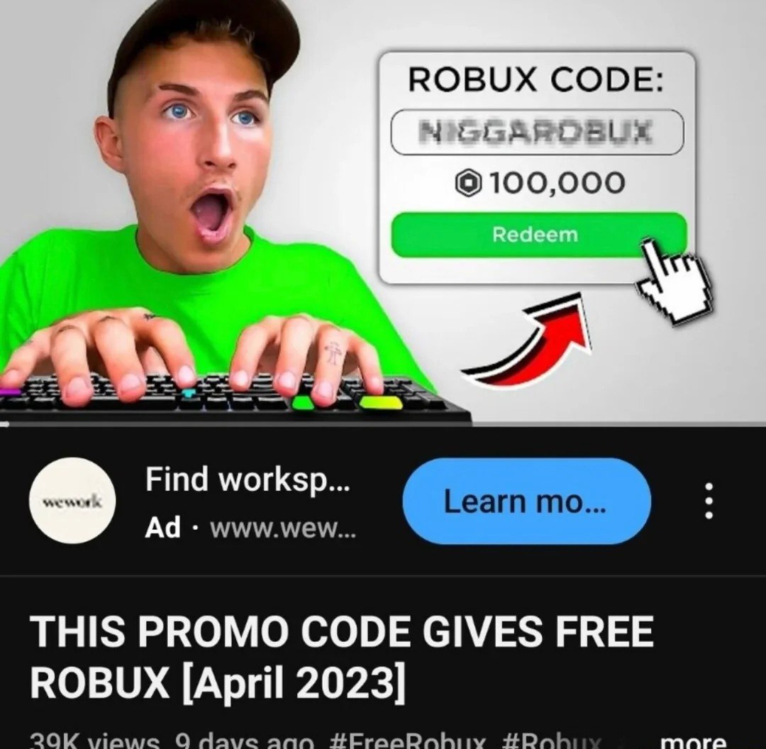 Этот промокод дает бесплатные Robux Мужчина в зеленой кофте сидит за компьютером, удивленно открыв рот и смотрит на всплывающее окно с промокодом на 100 000 Robux с расистским названием. Его руки лежат на клавиатуре.