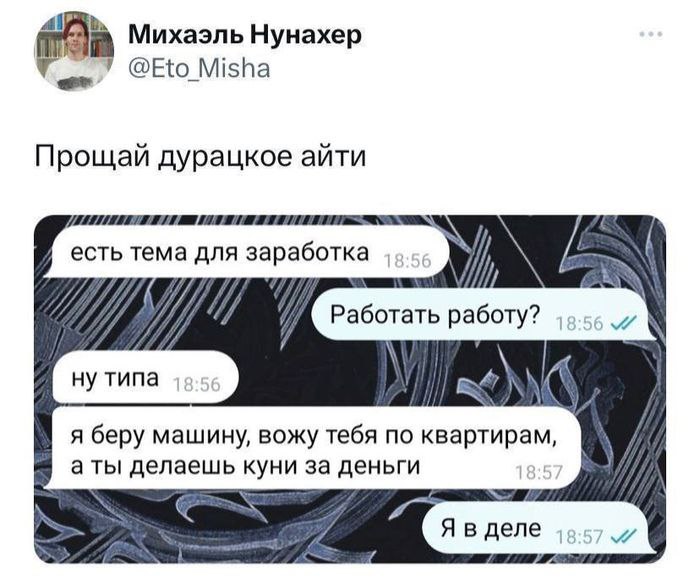 Прощай дурацкое айти Мем про прощание с IT-сферой ради куни за деньги