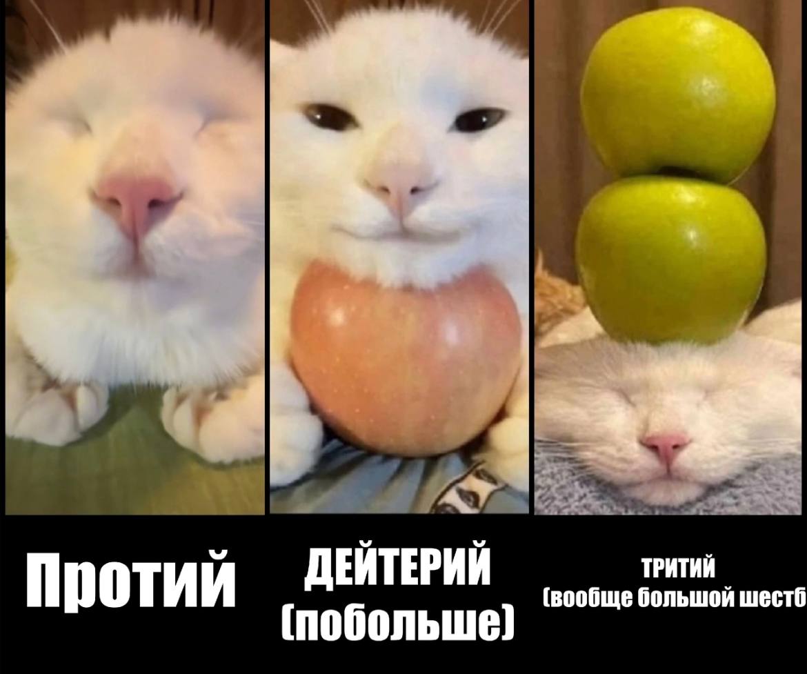Три белых кота с яблоками, подписанные как протий, дейтерий и тритий