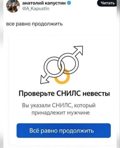 Скриншот с сообщением «Проверьте СНИЛС невесты. Вы указали СНИЛС, который принадлежит мужчине» и кнопкой «Всё равно продолжить»
