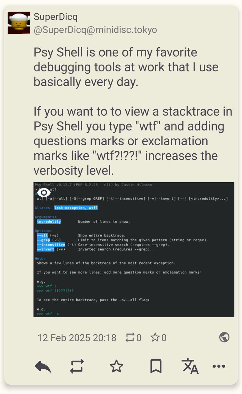 Psy Shell: команда wtf Мем со скриншотом поста о Psy Shell, инструменте для отладки, и команде wtf для просмотра трассировки стека.