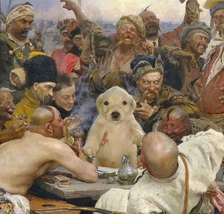 Щенок среди казаков Щенок среди казаков, "Запорожцы пишут письмо турецкому султану" с щенком