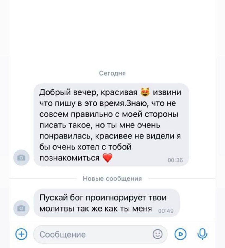 Пускай бог проигнорирует твои молитвы Переписка в мессенджере, где мужчина пытается познакомиться с девушкой, а она желает, чтобы бог проигнорировал его молитвы.