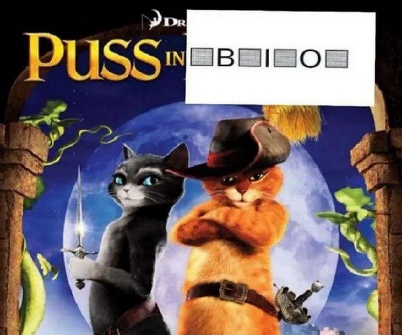 Кот в сапогах Puss In Booty O Мем с обложкой мультфильма «Кот в сапогах», где название изменено на Puss In Booty O, а Кот в сапогах скрестил руки на груди.