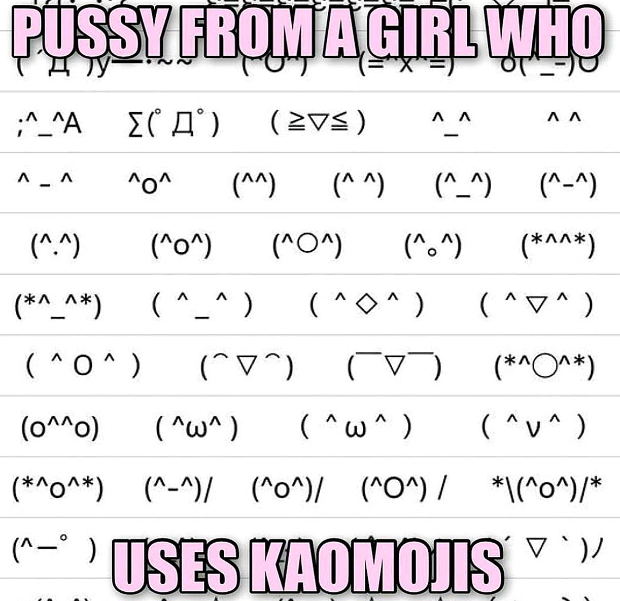 Pussy from a girl who uses kaomojis Мем со списком каомодзи и текстом «Pussy from a girl who uses kaomojis»