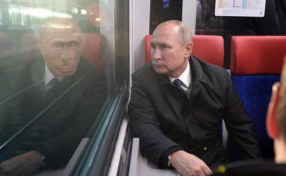 Путин с обезьяньим отражением Владимир Путин в поезде с отражением лица обезьяны