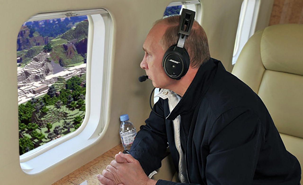 Путин в Майнкрафте Владимир Путин в самолете смотрит на мир Minecraft из окна.