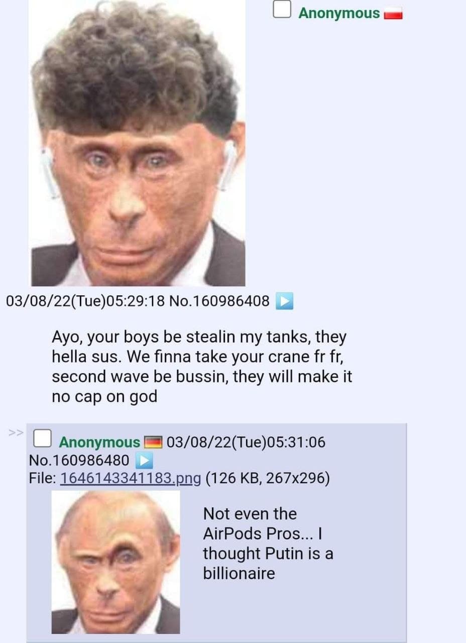 Путин с афро прической и AirPods Мем с Путиным с афро причёской и AirPods, а также его странным взглядом
