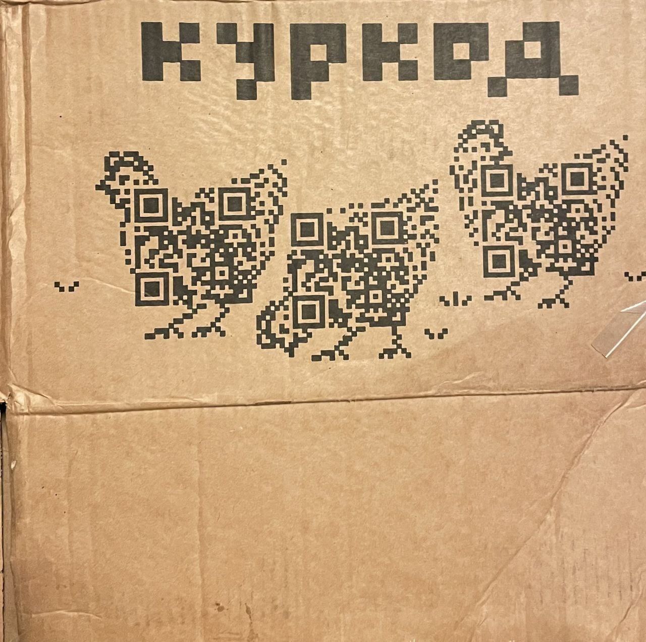 QR-коды в виде куриц Надпись «Куркод» и три QR-кода в виде куриц на коробке