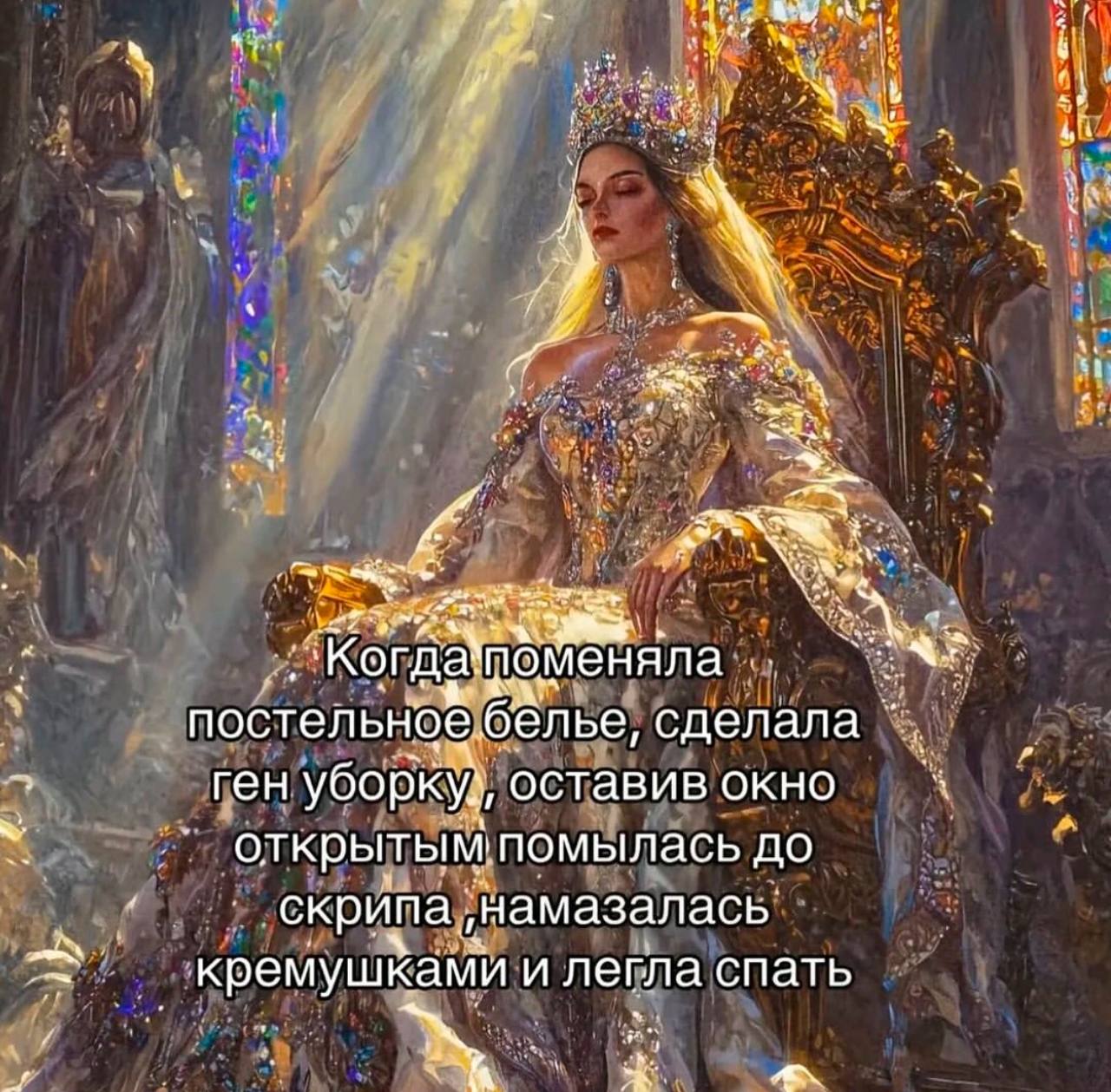 Королева после генеральной уборки Расслабленная королева на троне после дня генеральной уборки