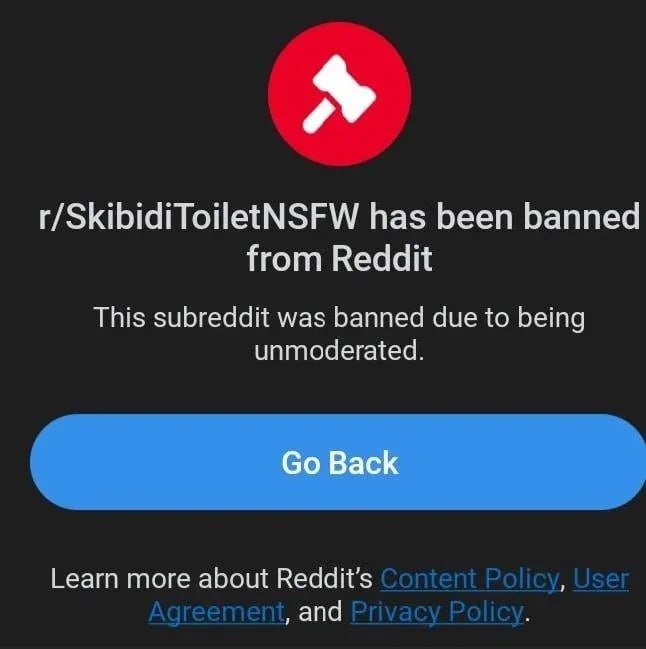 r/SkibidiToiletNSFW забанен на Reddit Сабреддит r/SkibidiToiletNSFW был забанен на Reddit из-за отсутствия модерации