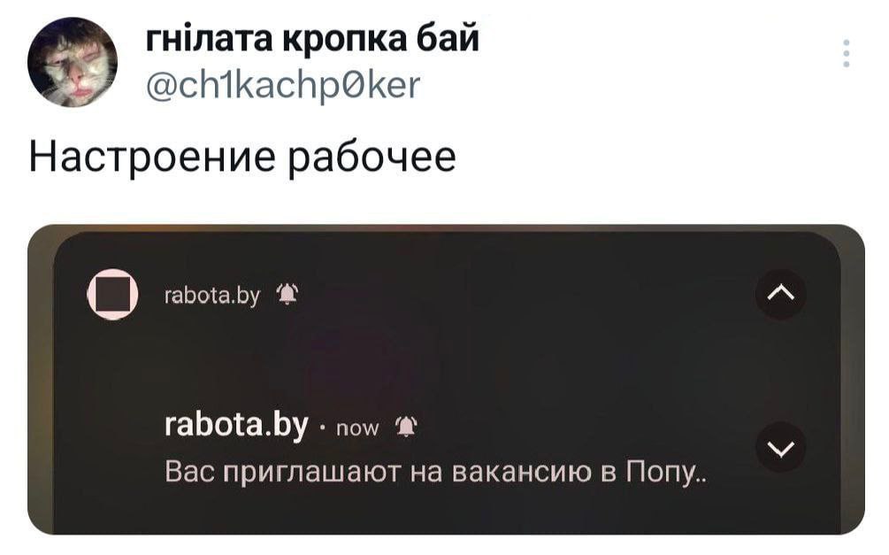 Настроение рабочее вас приглашают на вакансию в Попу Мем с фразой «Настроение рабочее» и уведомлением «Вас приглашают на вакансию в Попу..»